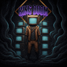 a man with a television head stands in front of a stack of televisions with the words king doom above him