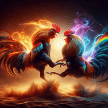 two colorful roosters standing next to each other with smoke coming out of their beaks