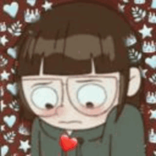 a cartoon girl with glasses is holding a red heart .