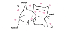 a black and white drawing of two cats hugging each other with pink hearts around them .