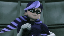 a cartoon character with purple hair and a mask on her face