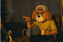 a cartoon dog is sitting in a chair pointing