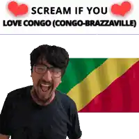 a man wearing glasses is screaming in front of a flag that says scream if you love congo