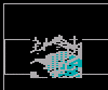 a black and white pixelated map of a city with a blue area in the middle