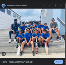 a group of young boys sitting on a set of stairs with cricket bats in front of a macleans primary school website