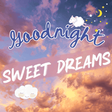 a poster that says goodnight sweet dreams with a sheep jumping over a cloud