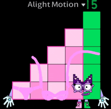 a cartoon character is standing next to a stack of pink and green blocks with the words alight motion 15 above it .