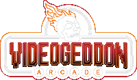 a logo for videogedoom arcade has a skull on it