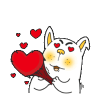 a cartoon dog holding a red heart with hearts coming out of its eyes