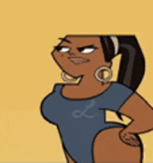 a cartoon of a woman wearing a blue shirt and earrings