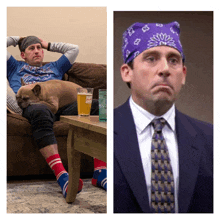 a man sitting on a couch with a dog next to a man wearing a bandana