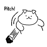 a black and white drawing of a cat holding a pencil with the word pitch below it