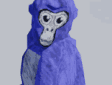 a blue gorilla with big eyes and a hood on