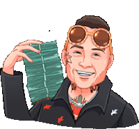 a pixel art of a man holding a pile of money .