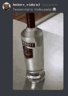 a bottle of smirnoff vodka sits on a counter top