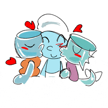 a smurf is kissed by two cups with hearts on their heads