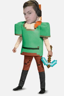 a man in a minecraft costume is wearing headphones and holding an axe