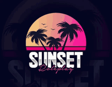 a logo for sunset roleplay with palm trees in front of a sunset