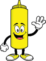 a cartoon illustration of a yellow bottle of mustard with arms and legs .