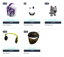 a screenshot of a roblox website shows a variety of items for sale