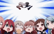 a group of anime girls are looking at a person flying in the air .