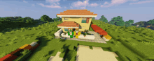 a screenshot of a minecraft game shows a house with a roof that is orange