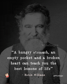 a black and white photo of robin williams with a quote from him