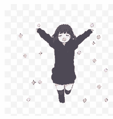 a girl in a black hoodie jumping in the air with her arms outstretched