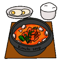 a bowl of kimchi soup sits on a table next to a plate of eggs and a bowl of rice