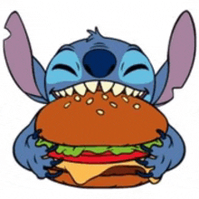 a cartoon of stitch eating a hamburger with his eyes closed .