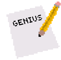 a pixel art drawing of a pencil and a piece of paper that says genius