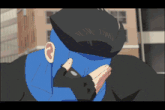 a drawing of a man with a blue face and a black hat that says i am yumi