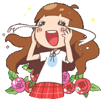 a cartoon girl with long brown hair is crying with roses in the background