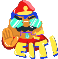 a cartoon illustration of a man with a mustache and sunglasses that says exit