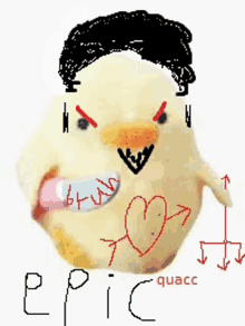 a drawing of a chicken with a knife in its mouth and the word epic written below it