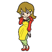 a cartoon drawing of a woman wearing a yellow apron and red sweater