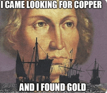 a painting of a man looking for copper with ships in the background