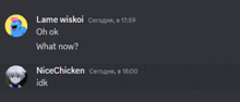 a screenshot of a discord conversation between lame wiskoi and nicechicken