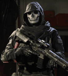 a soldier with a skull mask is holding a sniper rifle .