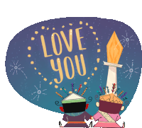 a cartoon illustration of two people looking at a candle with the words love you above them