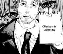 a man in a suit and tie is holding a notepad with the words clienterr is listening on it .