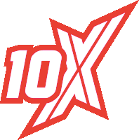 a red and white logo with the number 10x