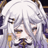 a close up of a cartoon character with white hair and purple eyes