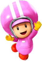 a pink toad wearing a helmet and gloves is waving