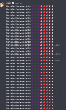 a screenshot of a discord channel that says ' more cheddar more better ' on it