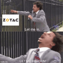 a man in a suit and tie is screaming in front of a fence that says zotac on it