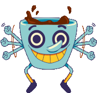 a cartoon drawing of a cup of coffee with a face and arms and legs