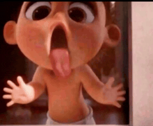 a cartoon baby is sticking out his tongue and making a face .