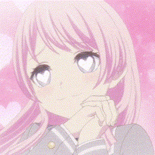 a close up of a pink haired anime girl with a heart shaped eye .