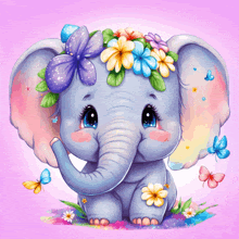 a baby elephant wearing flowers and butterflies on its ears